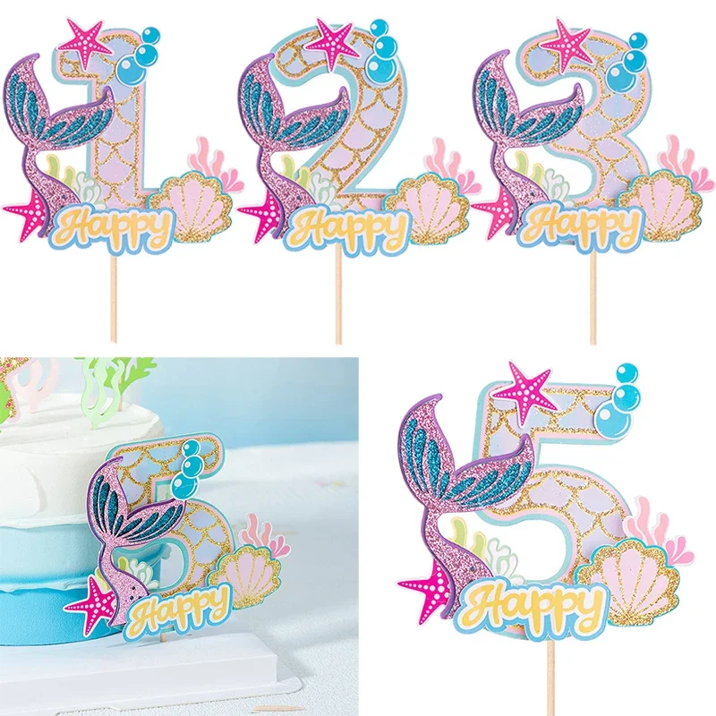 Little Mermaid Party Decoration 0-9 Glitter Mermaid Tail Cake Topper Girls 1st Birthday Party Decor Under The Sea Party Supplies