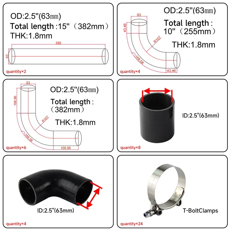 2.5 "63mm uniwersalne 12 szt. Rura intercoolera Turbo orurowania + silikonowy przewód złącze T-zestaw zacisków polerowane aluminium — zdjęcie 6