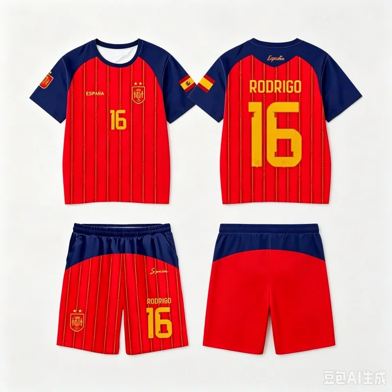 2026 Spanien Team Uniform Yamal Fußball-Uniform T-Shirt und Shorts Kurze Hosen Herren Freizeithosen Sporthosen Familien-Kinder-T-Shirt-Set – Detail 2