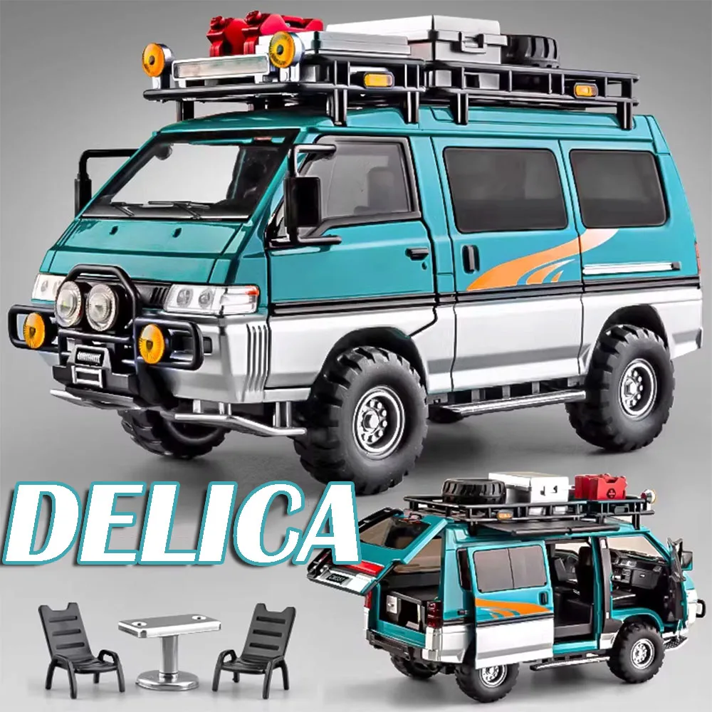 1:24 Mitsubishi Delica Model Speelgoed Miniatuur Camping Auto Legering Diecast Terreinwagens Geluid Licht Deuren Geopend Pull Back Gift