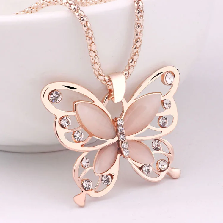 luxury designer jewelry Korean 2024 new sweater chain Butterfly necklace with Cat's eye stone female long clothing accessories