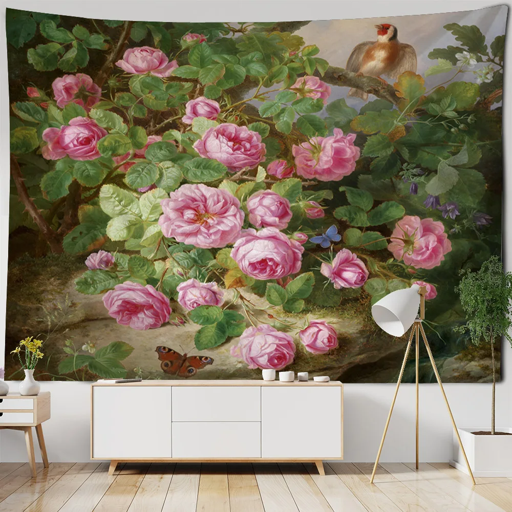 Flower and bird oil painting tapestry European retro art hanging cloth psychedelic scene wall hanging Bohemian home decoration