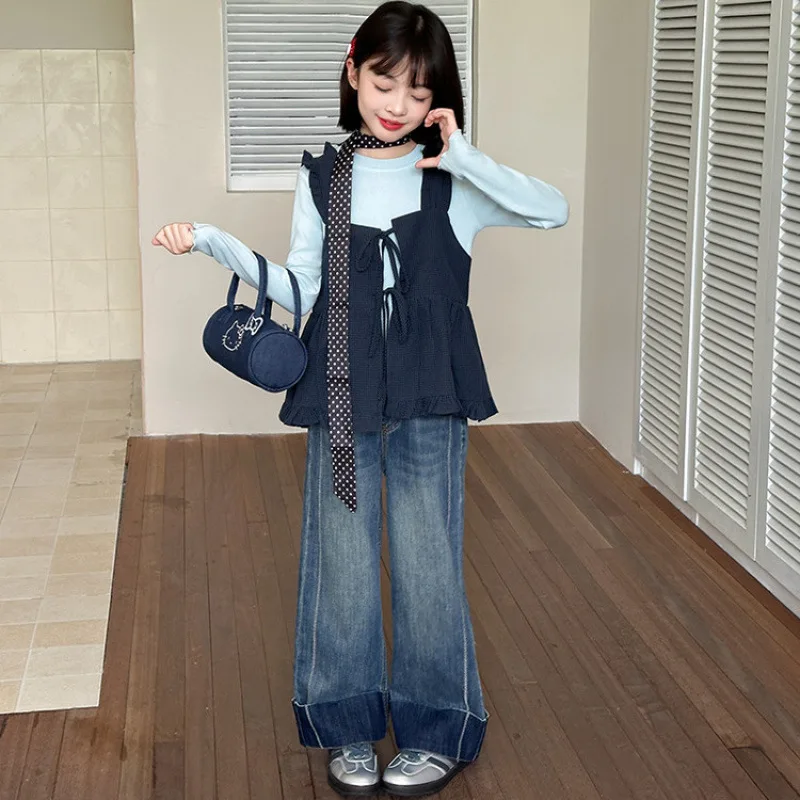 Three-piece Set Cowboy Wide-leg Pants Vest T-shirt Grils Children Fashionable Autumn Spring New Sweet Cute Solid Casual
