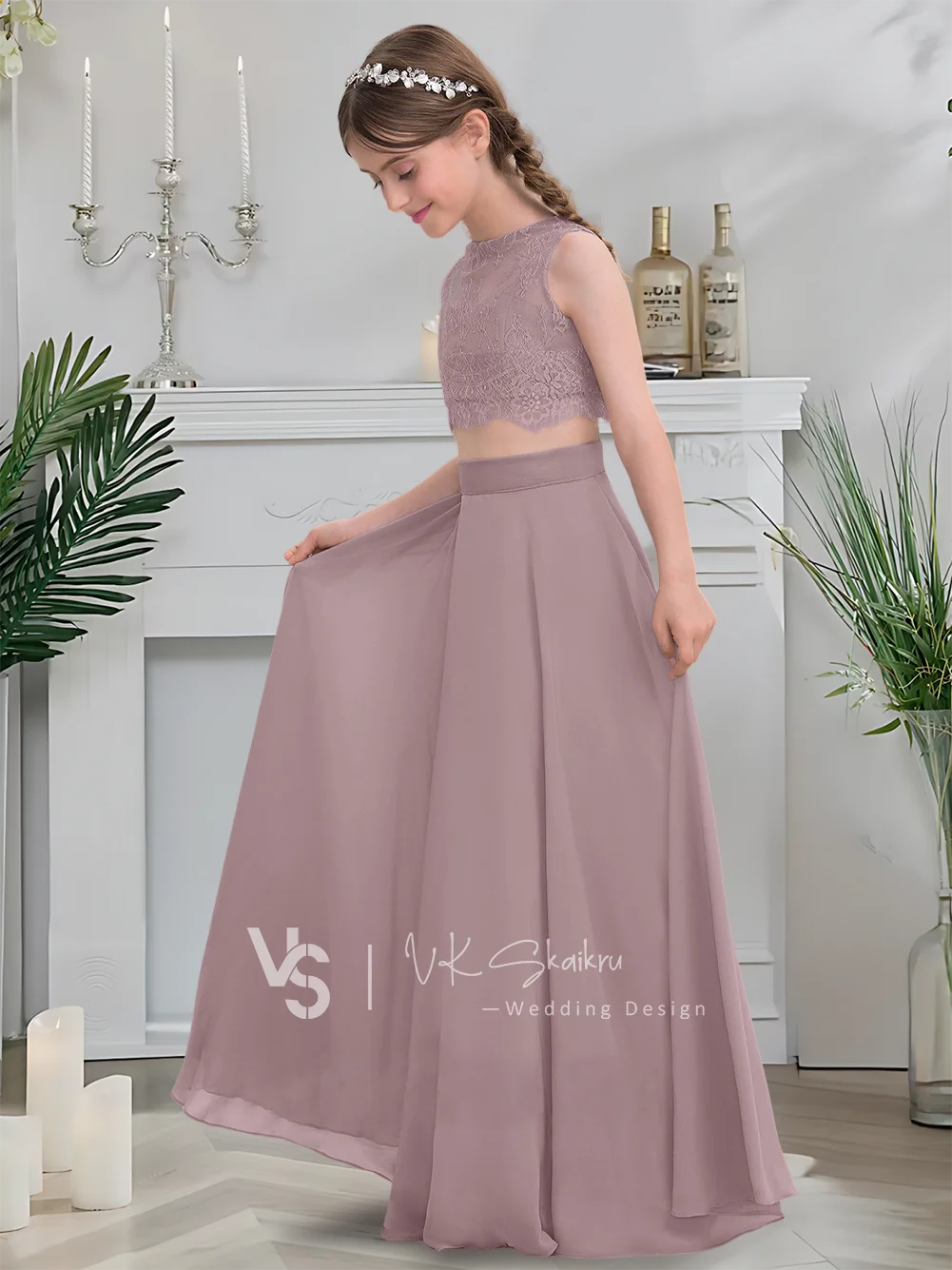 Elegante vestido de dama de honor junior de encaje de gasa hasta el suelo con escote redondo, sin mangas, 2 uds., vestido de niña de flores para bodas de verano