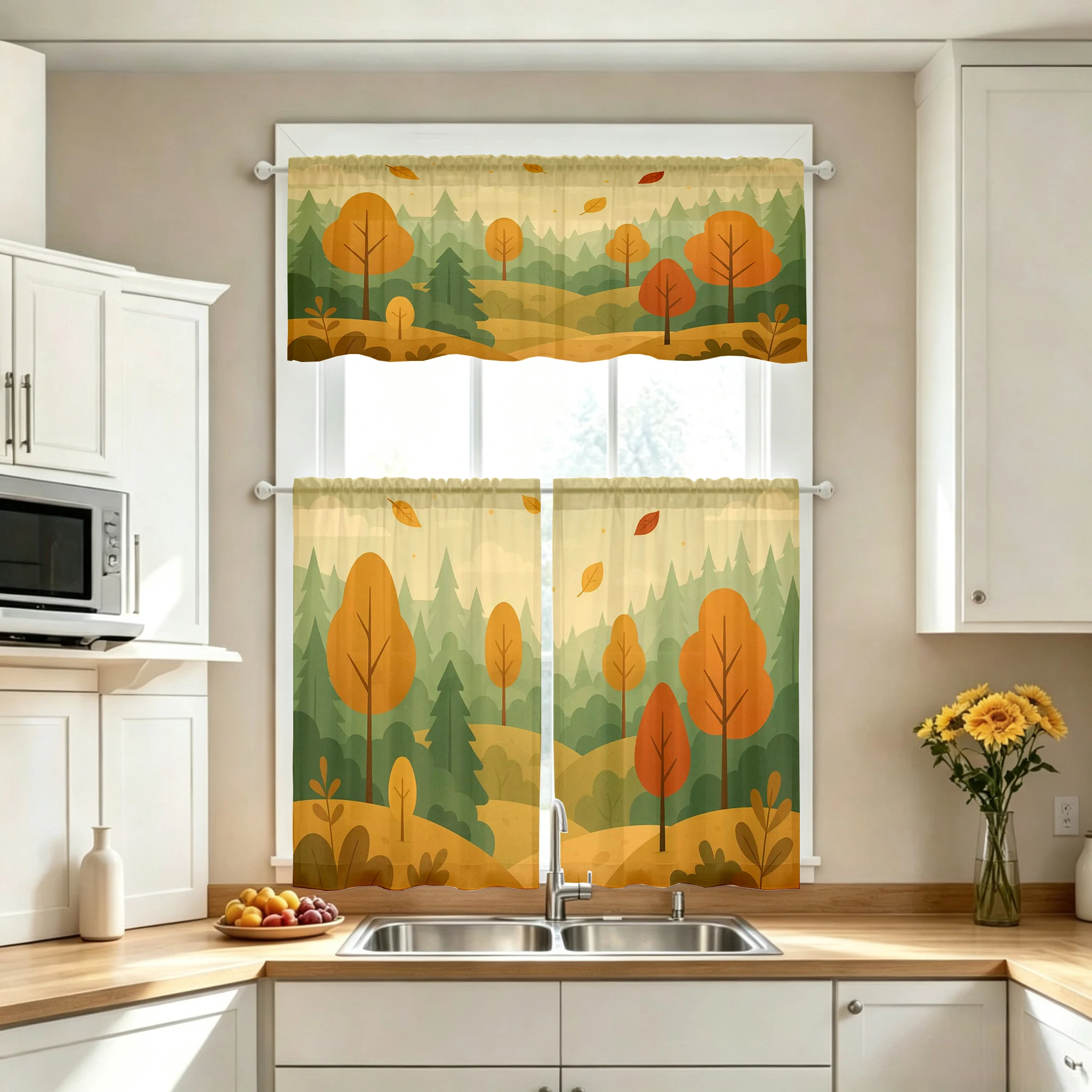 Thanksgiving Fall Kitchen Curtains, Autumn Forest, Digital Print, Kitchen Dining Room, Rod Pocket Polyester, Home Decor