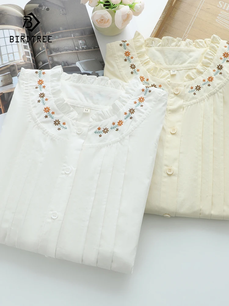 

Новинка 2025, осенняя хлопковая рубашка с длинными рукавами, женская рубашка с цветочной вышивкой, шикарная свободная блузка со складками Mori Girl T59124CC