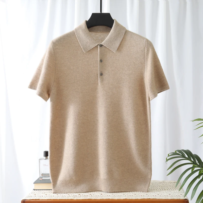 

A-Class 100% Pure Cashmere Short Sleeved Men's Knitted POLO Collar Pullover Vest Casual Business Solid Color T-Shirt Shirt