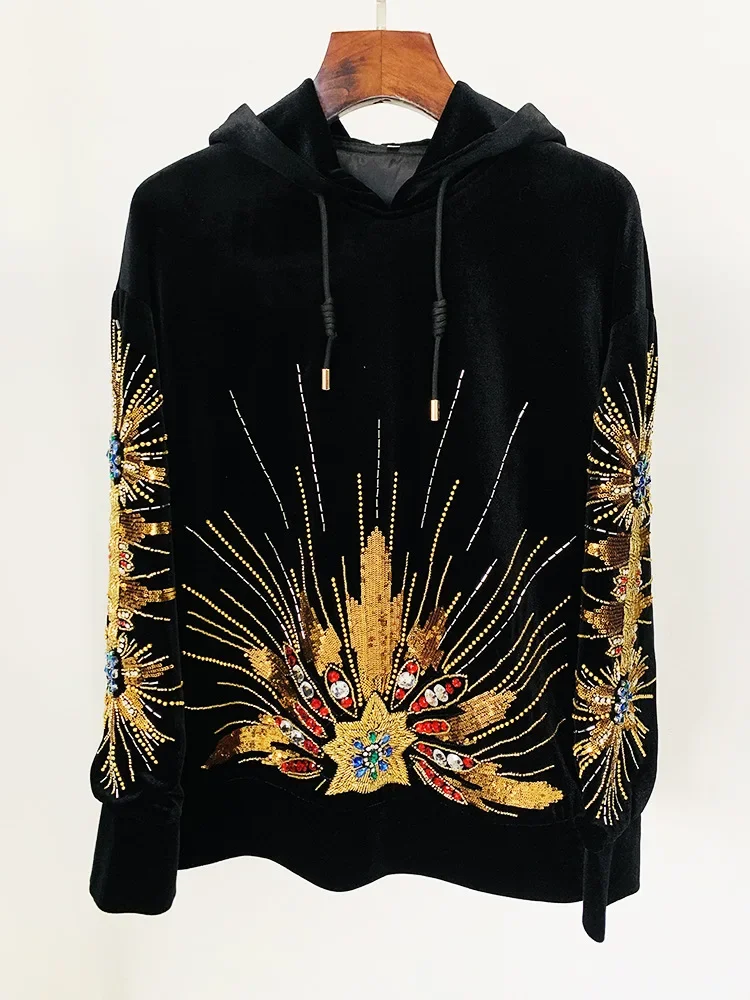 

HIGH STREET Newest 2024 Designer Tops Women's Sequined Rhinestone Diamonds Beaded Velvet Loose Hooded Hoodie