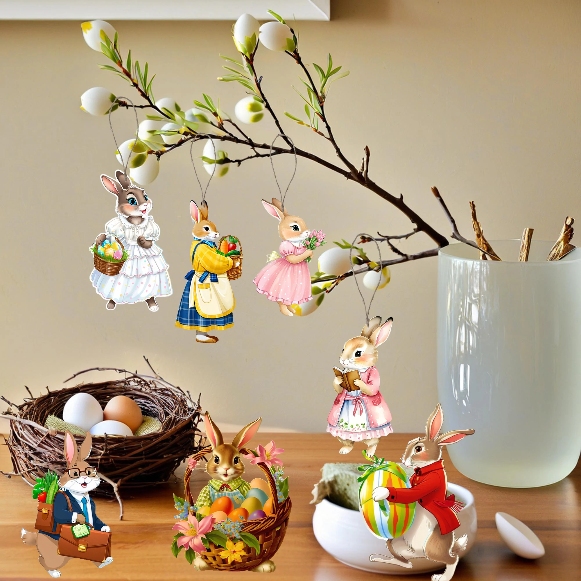 18pcs/set Easter 2D wooden rabbit pendant, suitable for party home, courtyard garden decoration pendant, holiday decoration pend