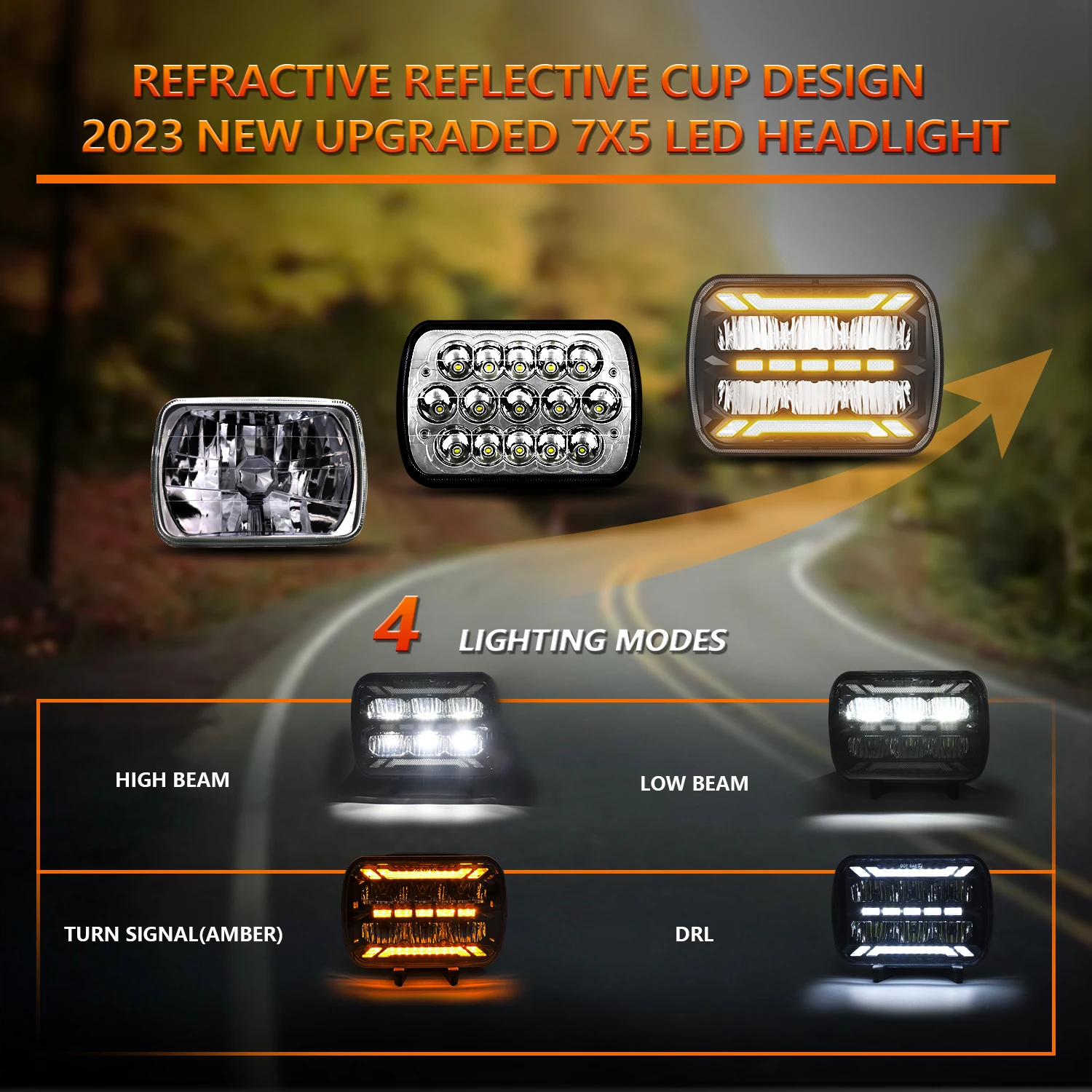 400W 7-inch 7x5 Wrangler square headlight 6000K / 3500K dual color refracted light headlights