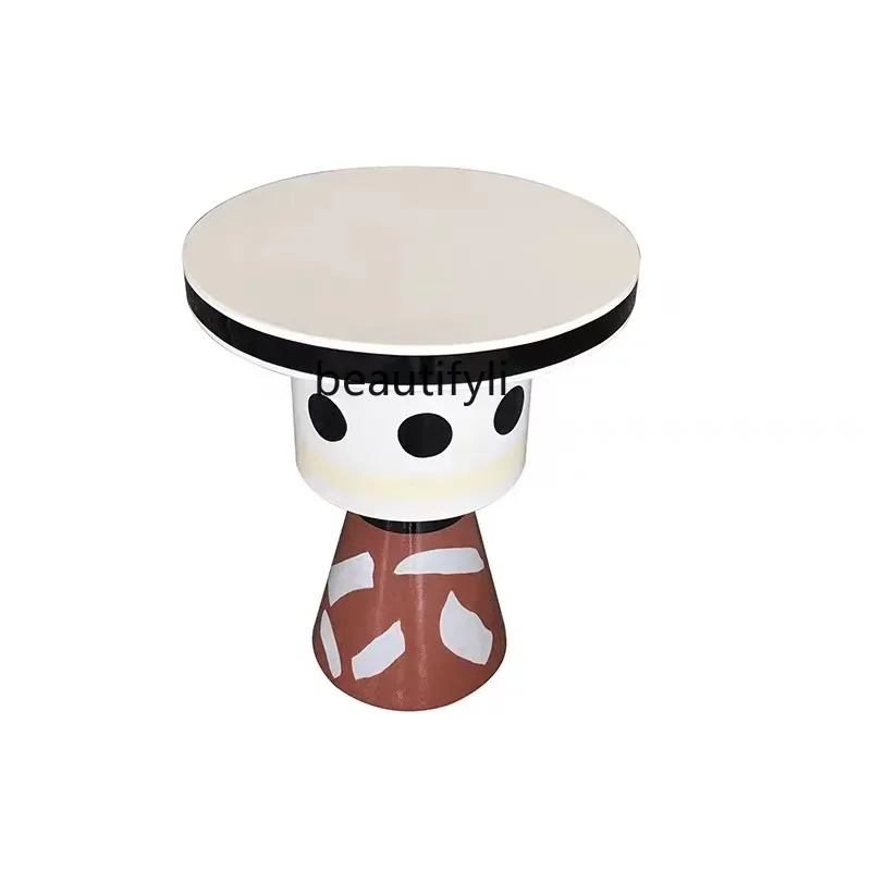 Pink wood paint, marble surface, bedside table, round painting, corner table