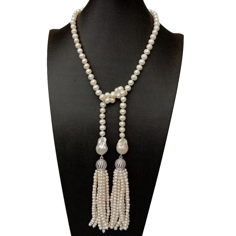 

White Potato Pearl Long Ring Necklace Cubic Zirconia Paved Pearl Tassel 36inch;