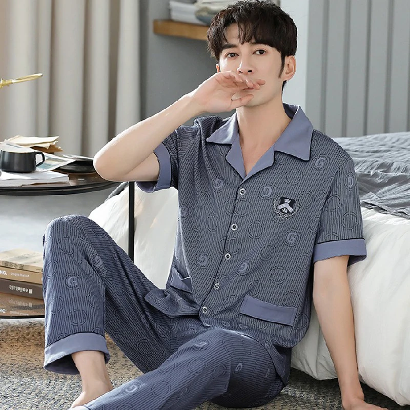 Plus Size Spring Autumn 100% Cotton Pijama for Men Dormir Lounge Sleepwear Pyjamas Bedgown Home Clothes 2 Pieces PJ Pajamas