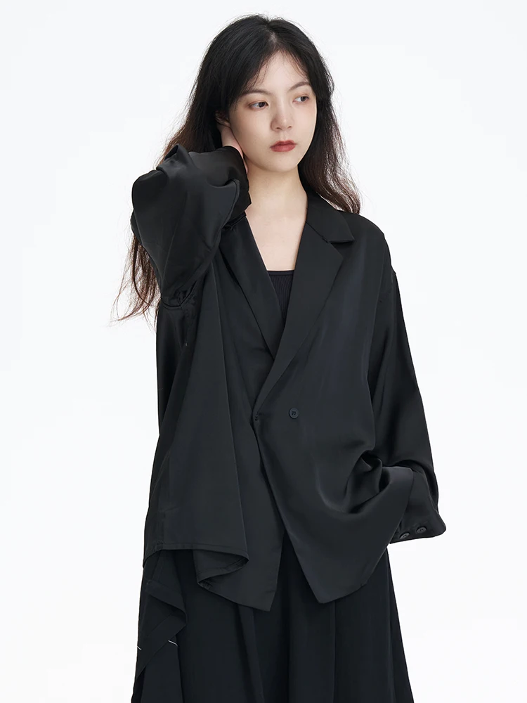 

Шелковистый атласный тонкий осенний женский костюм на одной пуговице, джет, маленькая официальная верхняя одежда, гладкая текстура, бренд Land And Mountain