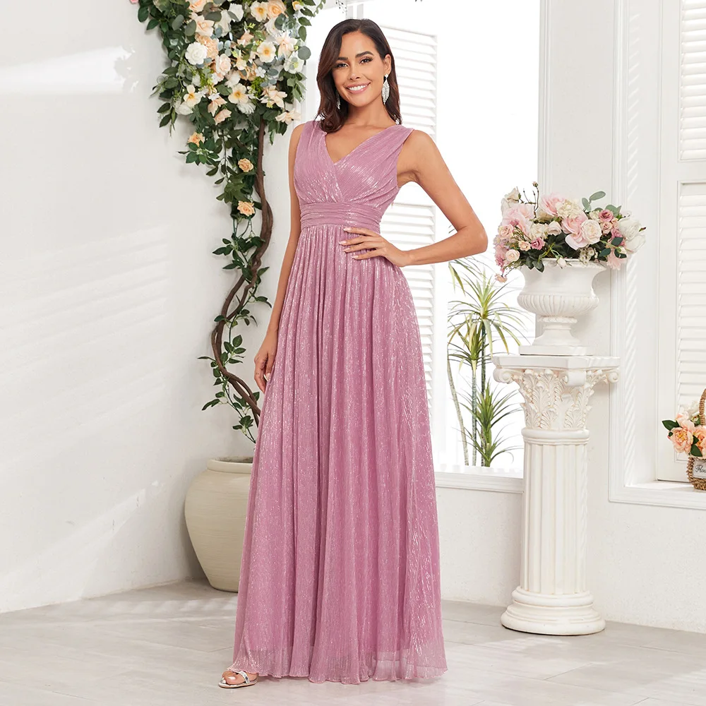 ICCLEK Maxi Sleeveless Flared V-Neck Long Dresses Soft Sparkling Ball Gown In Dusky Rose Bridesmaid Dress For Wedding Party Vest