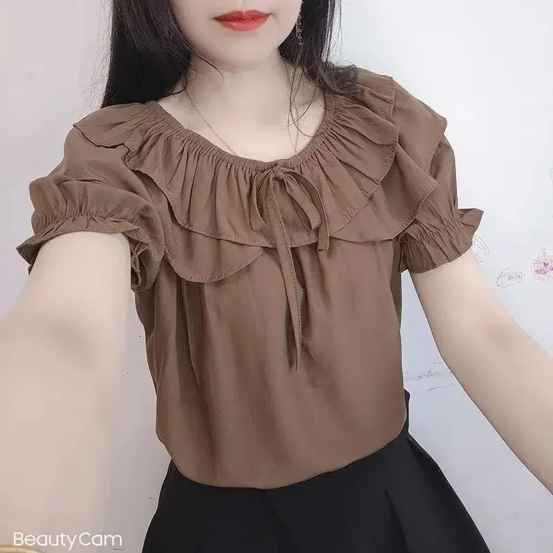 

Fashionable Temperament Lotus Leaf Edge One Shoulder Chiffon Shirt for Women Summer Loose Slimming Age Reducing Short Sleeve Top