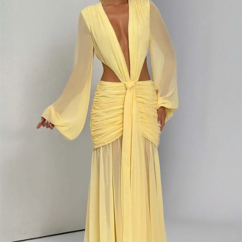 Dresses For Woman Sexy Vestidos Fashionable V-link Evening Dress Solid Color Long-sleeved Backless Robe Hollow Out Leace-up Slim