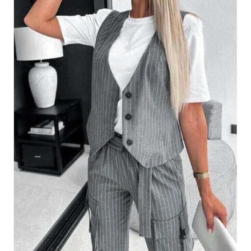 White Striped Vest Suit For Women Summer Casual V-neck Button Top Pocket Loose Pants Outfits Two-piece Suit For Women Elegant