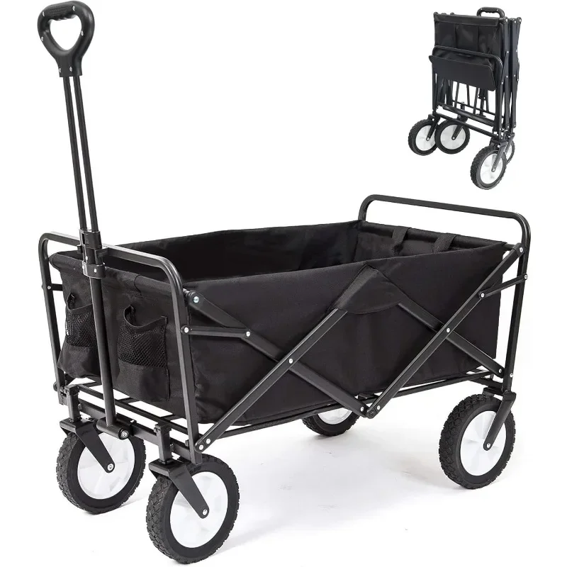 Collapsible Folding Outdoor Utility Wagon, Beach Wagon Cart with All Terrain Wheels & Drink Holders, Portable Sports Wagon