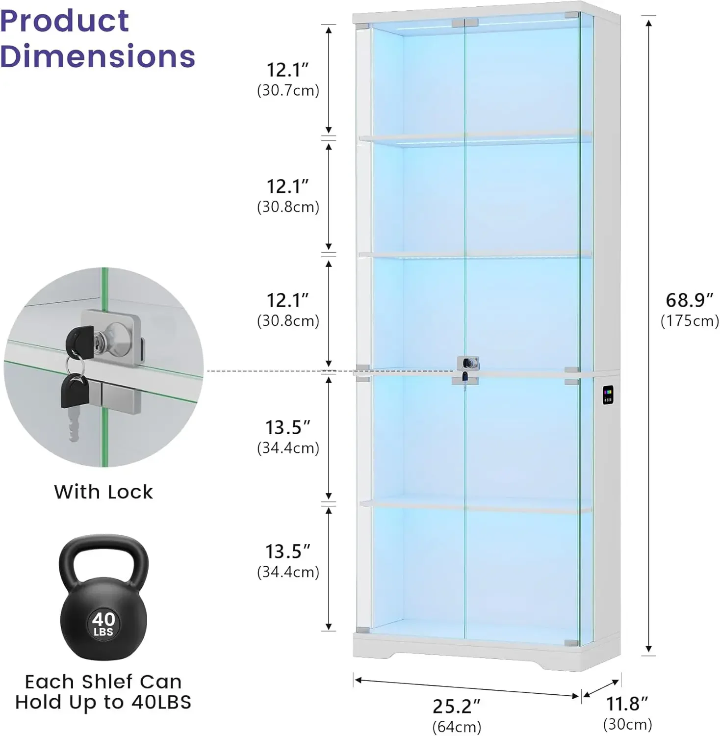 White Lockable RGB LED Curio Cabinet With 5 Tier Wooden Shelves Tall Glass Display Case For Living Room Collectibles