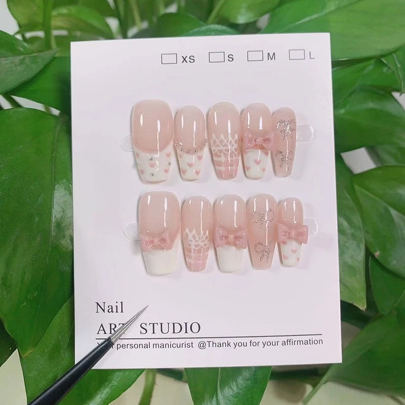 10 Uds. De uñas postizas francesas hechas a mano de color rosa brillante con lazo 3D, bonitas uñas postizas de ataúd medio, manicura de uñas Ins usable