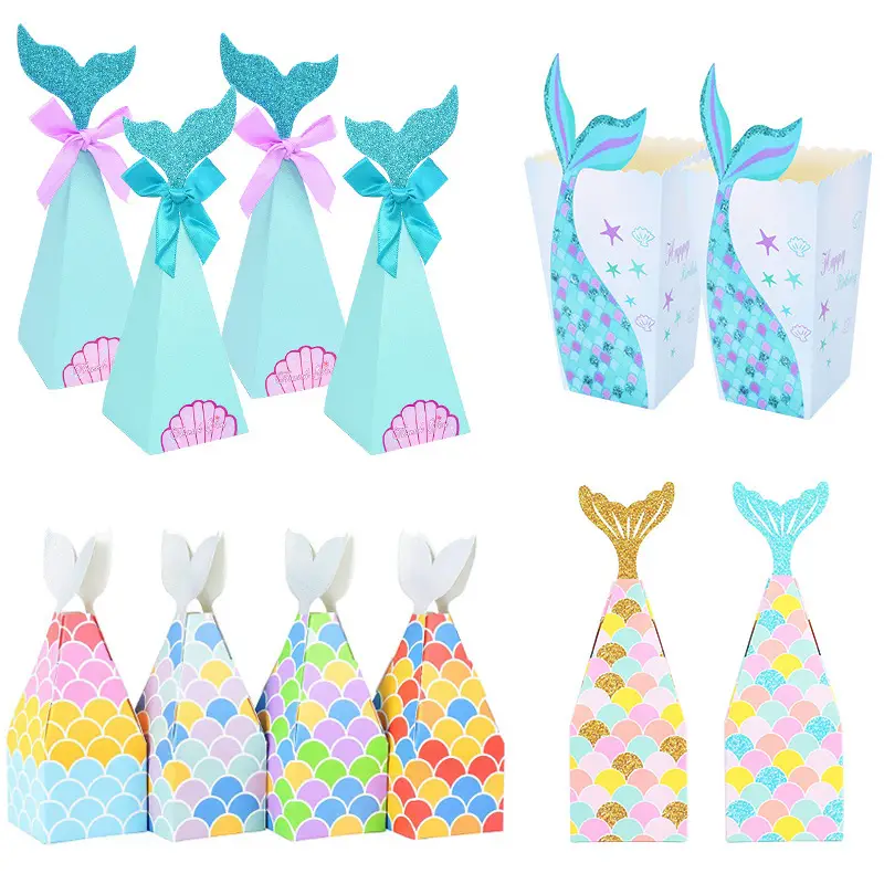 10Pcs Mermaid Tail Paper Candy Box Gift Bags Popcorn Boxes Kids Little ...