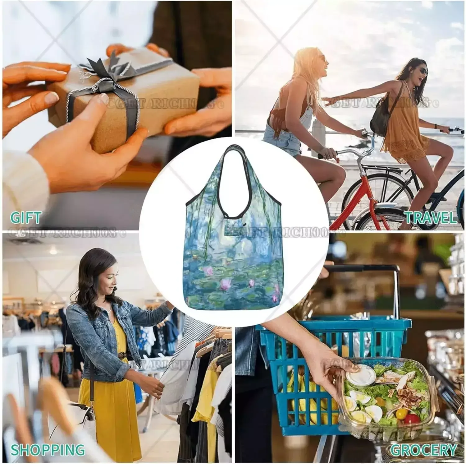 Monet Lotus Oil Painting Large Reusable Grocery Shopping Tote Bag Portable HandBag No Zipper Fashion Shopper Bag Tote Bags