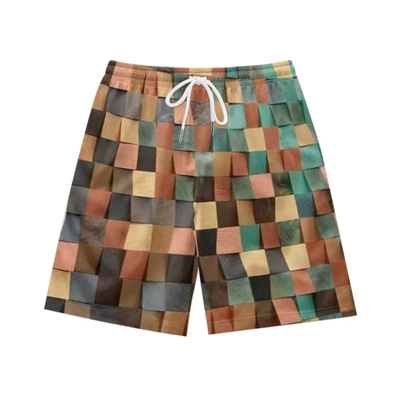 3D checkered printed visual design, casual personality, loose and fashionable summer men's drawstring sports shorts