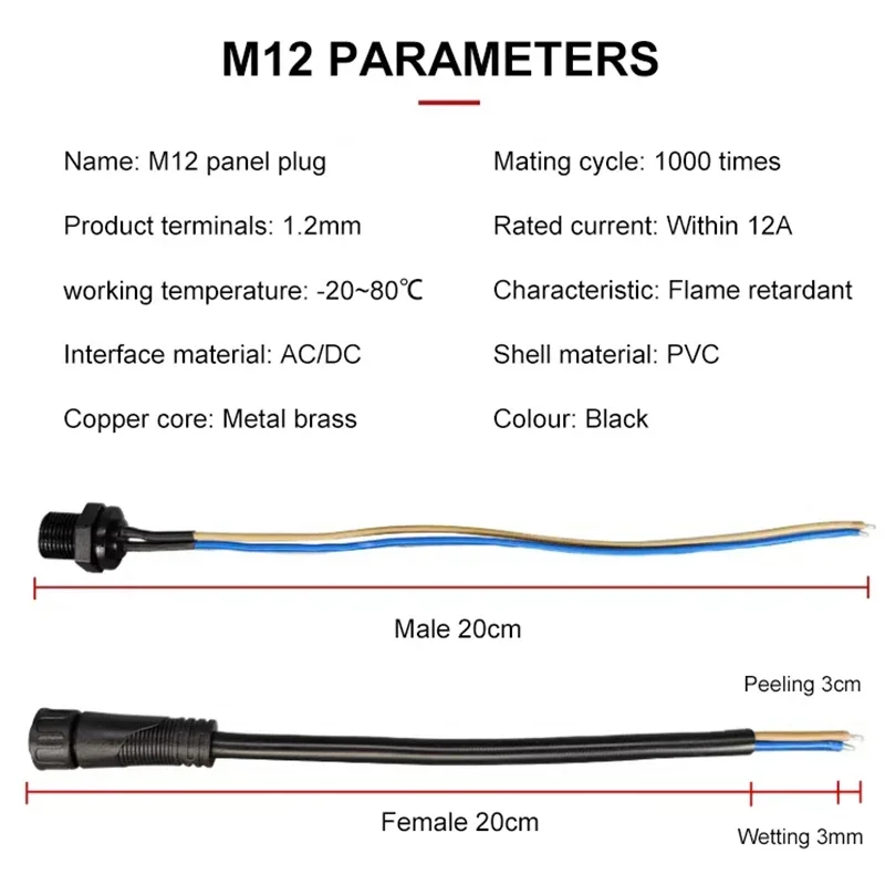 IP68 M12 Panel Aviation Connectors 2/3/4/5pin Industrial Waterproof Plug Socket 0.5/0.75/1.0 Square Male Female Quick Docking
