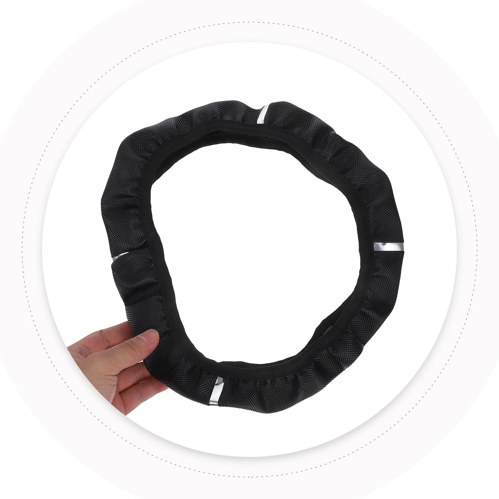 

Black Car Steering Wheel Cover Anti-Skid Protector Reinforced Metal Strip Durable Grip Comfortable Fit 14.5-15 Inch Auto