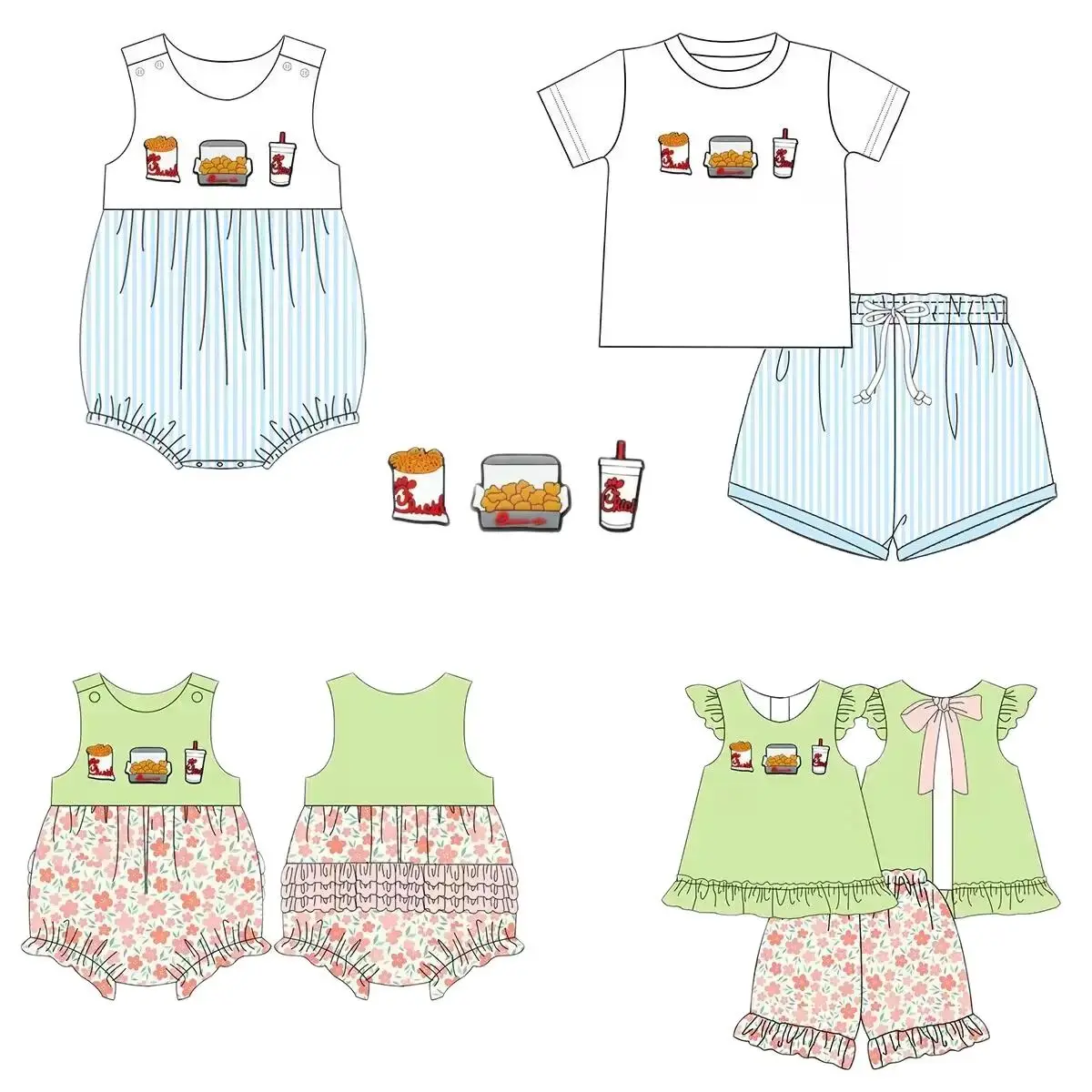 Boutique Pearl Gourmet Print Bow Shorts Set Floral Lace Baby Romper for Girls And Boys Vertical Print Children's Outfit