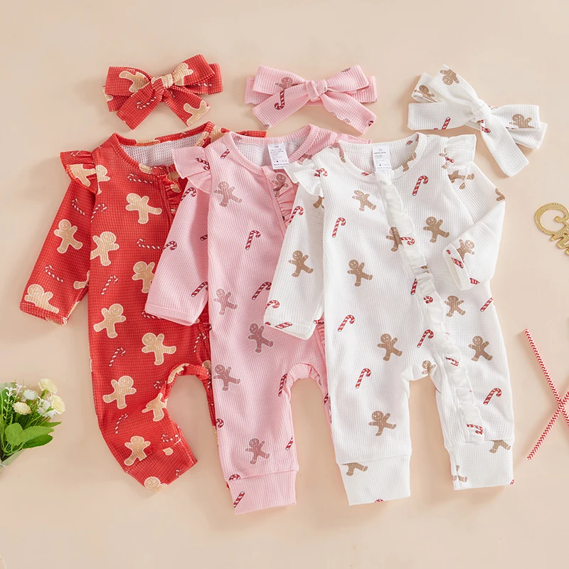 Newborn Infant Baby Girls Christmas Jumpsuit Long Sleeve Round Neck Gingerbread Print Ruffle Trim Romper with Headband Set