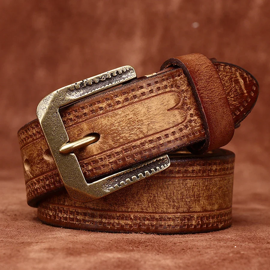 Classic Genuine Leather Belt for Men with Retro Brass Buckle