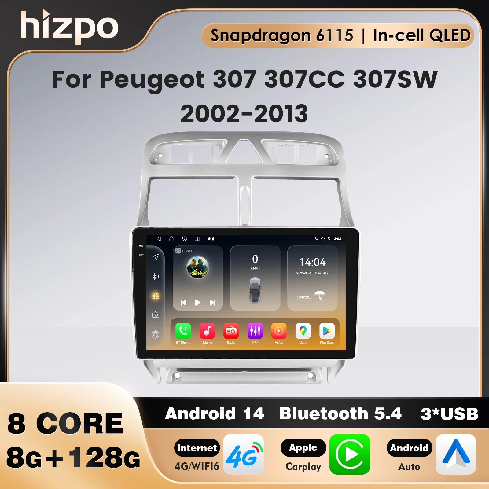 

4G LTE Snapdragon 6115 Автомобильный радиоприемник QLED Carplay 2 Din для Peugeot 307 307CC 307SW 2002-2013 GPS Android Auto Audio Стерео