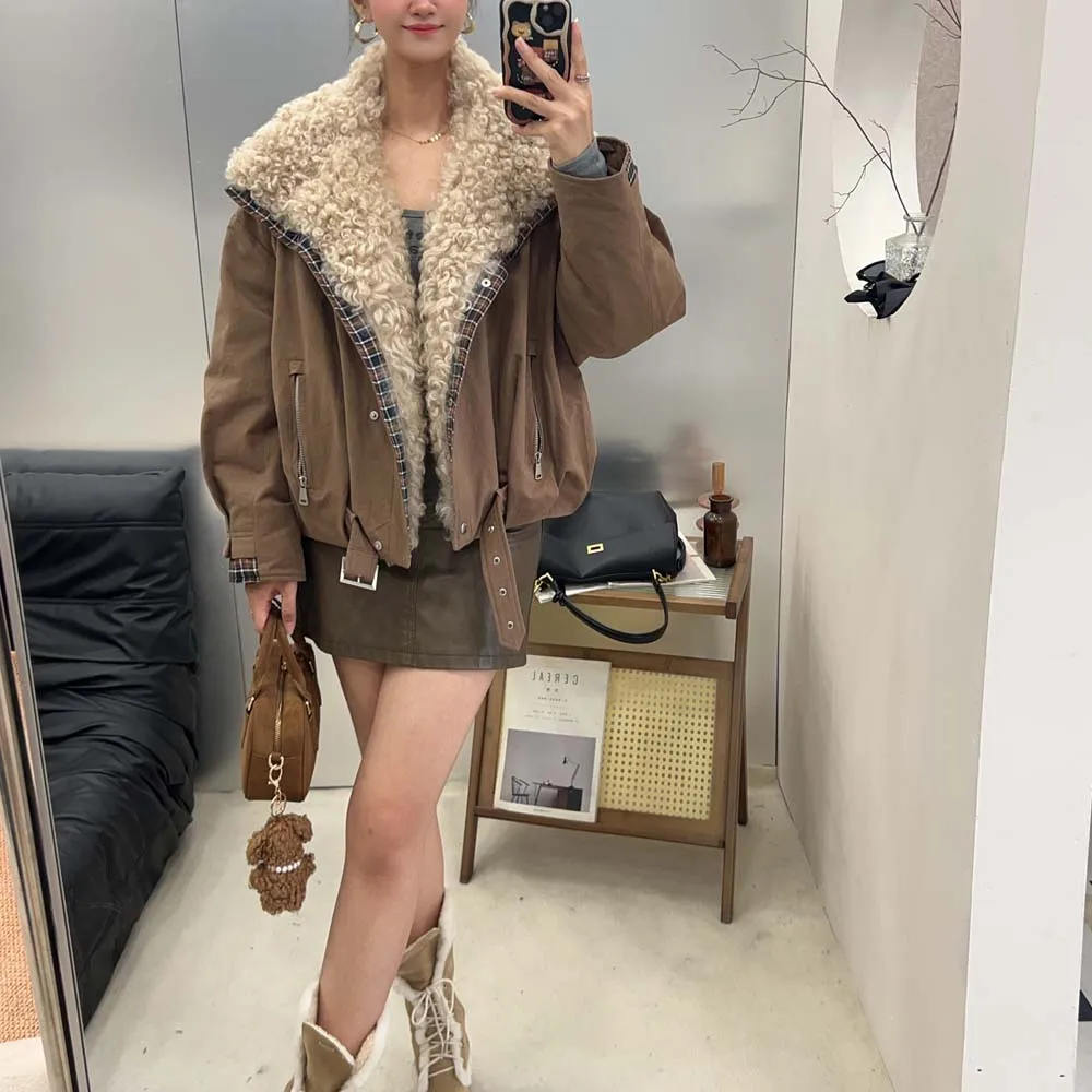 الرجعية الأزياء الفراء طوق معطف المرأة شتاء جديد فضفاض عارضة الدافئة صوف الضأن سترة أوزة أسفل بطانة داخلية يتغلب