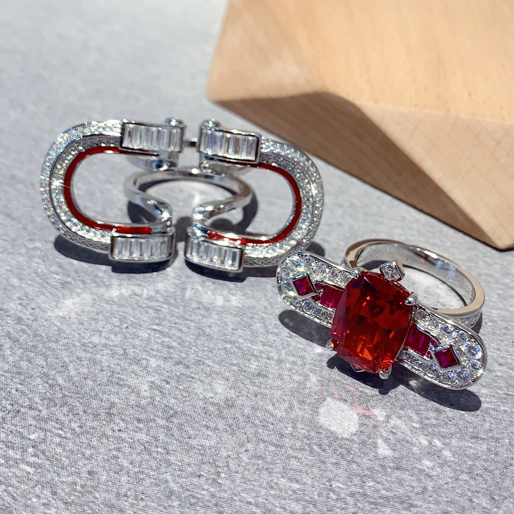 

ARIGAYA Unique 925 Sterling Silver With Red High Carbon Diamond Gemstone Two in one combination Rings Fine Jewelry For Women