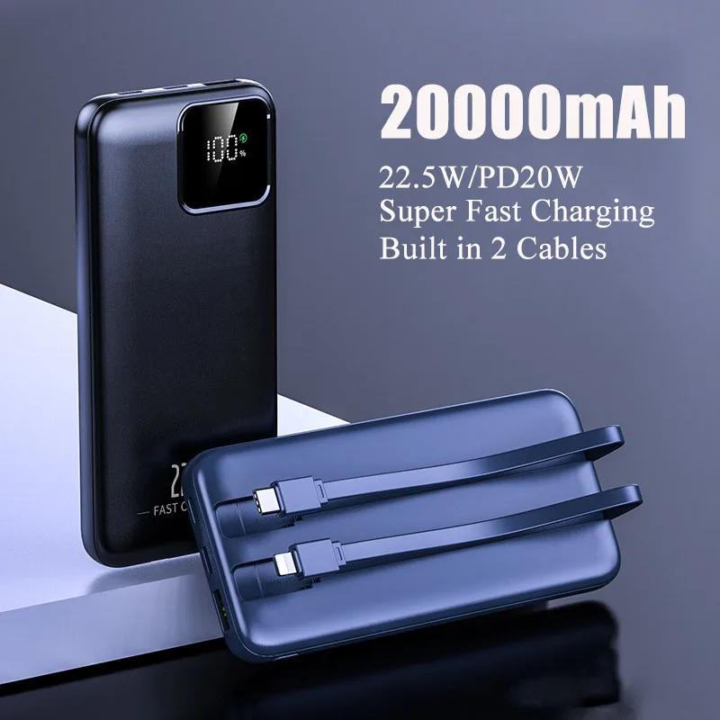 Портативное зарядное устройство Power Bank 20000 мАч, внешний аккумулятор, встроенный 2 кабеля, 22,5 Вт, внешний аккумулятор с быстрой зарядкой для iPhone, Xiaomi, Samsung