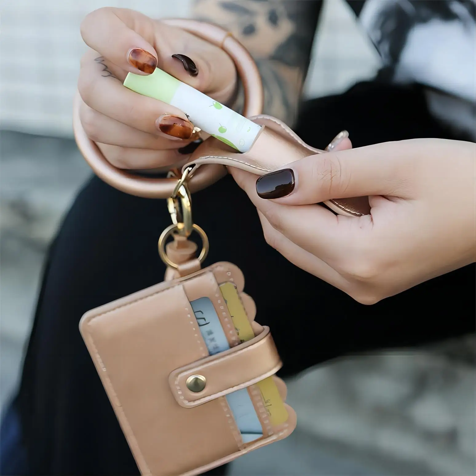 1PC PU Card Bag Tassel Keychain Bag Card Holder Purse Pocket Wrist Car Keyring Bangle For Women Pendant Accessories Gifts