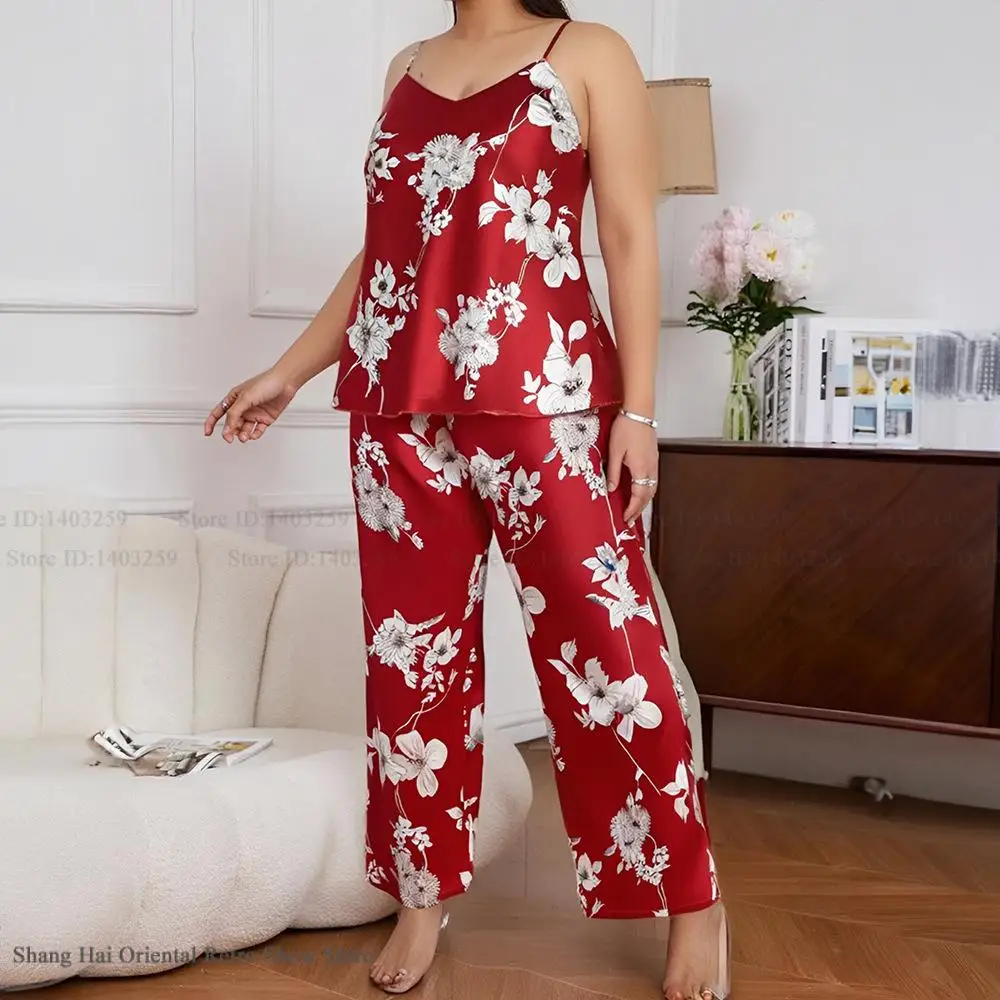 حجم كبير 3XL 4XL 5XL الإناث منامة مثير الحمالات بنطلون الدعاوى ملابس المنزل طباعة زهرة الساتان ملابس خاصة الملابس الداخلية الحميمة