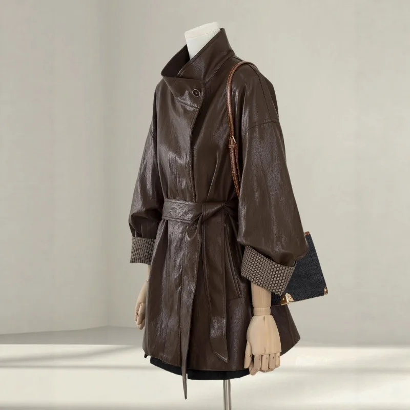 高級コーヒーブラウンレザージャケット レディース 春秋シーズン新作 ルーズフィット 細見え タイフロント エレガントPUレザージャケットトップ