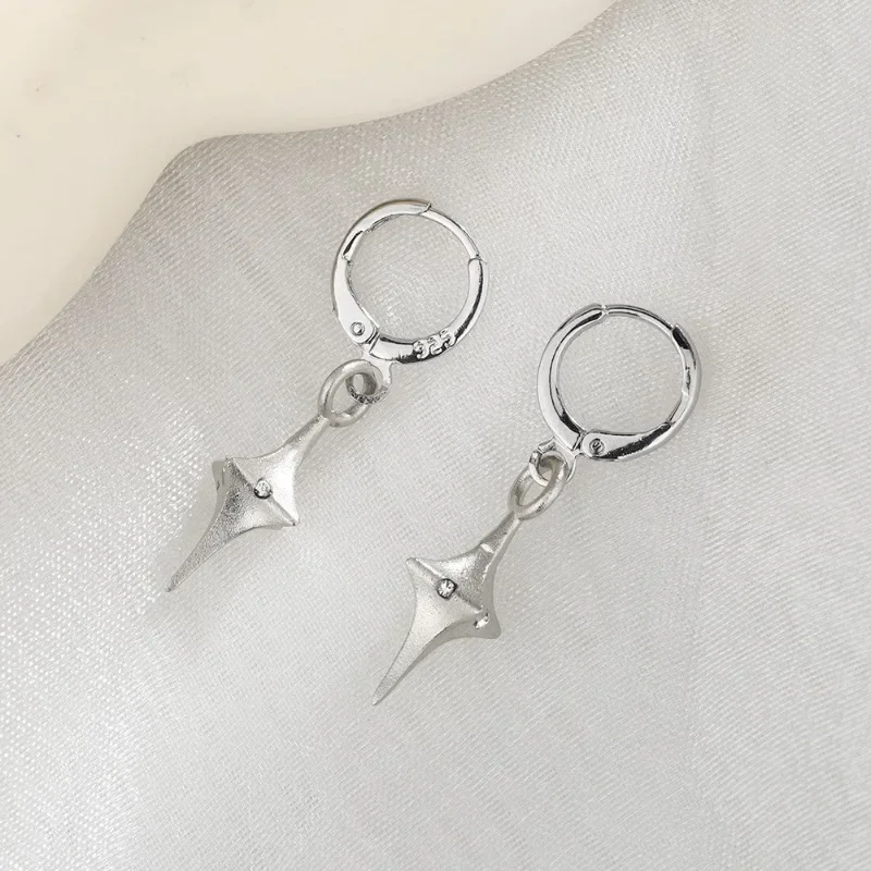 

925 Sterling Silver Geometric Chic Zircon Brushed Cross Star Hoop Earring for Women Fine Jewelry High Luxury Vintage Accessories
