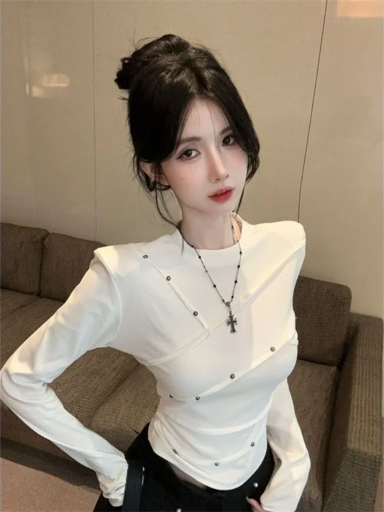 American Style Rivet Long Sleeve T Shirt Women Autumn Winter Pure Desire Hot Girl Short Shoulder Pad Top Solid Color Base Layer