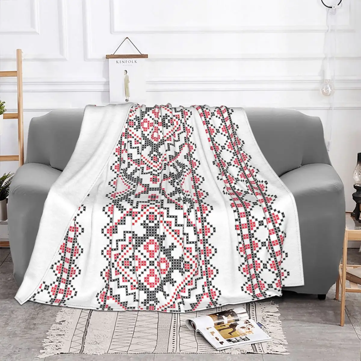 Ukrainian Embroidery Blanket Fleece Spring Autumn Vyshyvanka Folk Ethnic Ornament Soft Throw Blanket for Bed Office Rug Piece