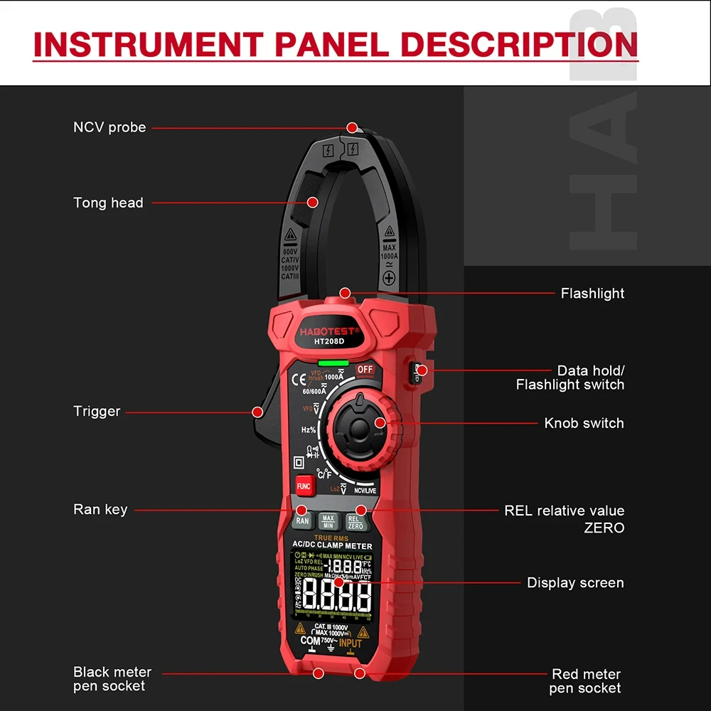 HT208D Digital Clamp Meter 1000A AC DC Current Two color Backlight True RMS Capacitance Temperature NCV Clamp Voltage Tester