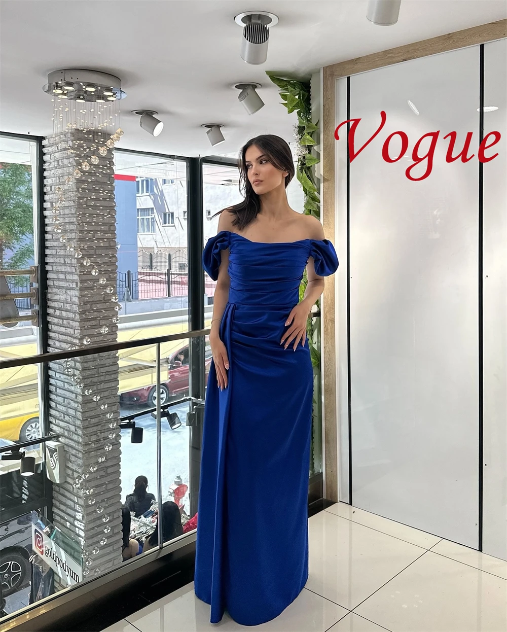 Customized Fashion Blue Satin Evening Dress High Quality Off the Shoulder Sleeveless Special Occasion Gowns Vestido De Noche