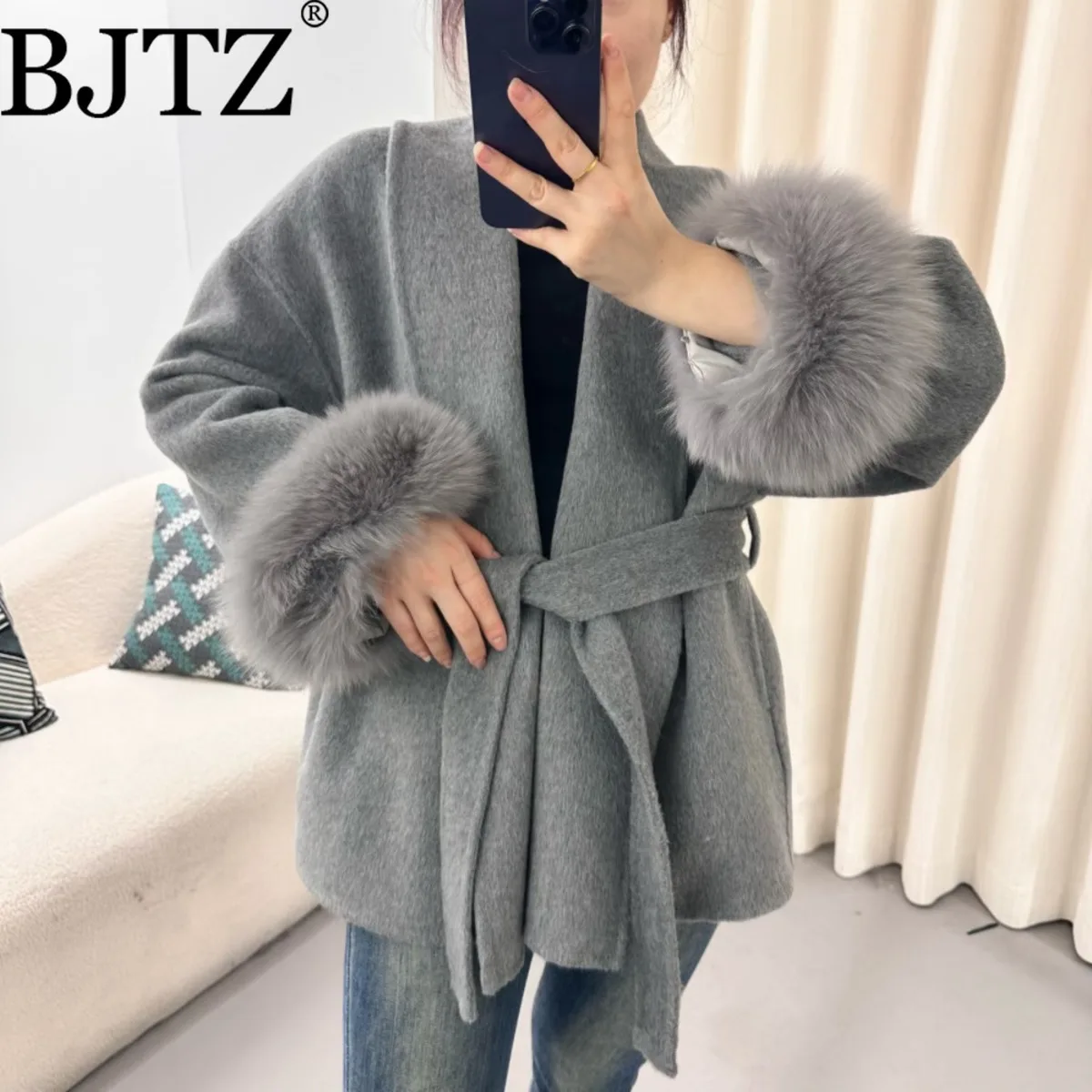 

BJTZ осень-зима, новое корейское пальто Melad, однотонное модное шерстяное пальто с завязками на талии, свободная накидка, пальто для женщин