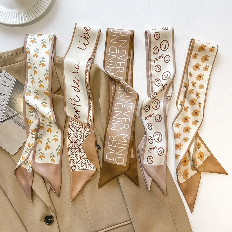 Ins Silk Scarf Lady Hairbands Design Letter Print Khaki Neck Ties Bands Female Summer Spring Floral Bag Handle Ribbons