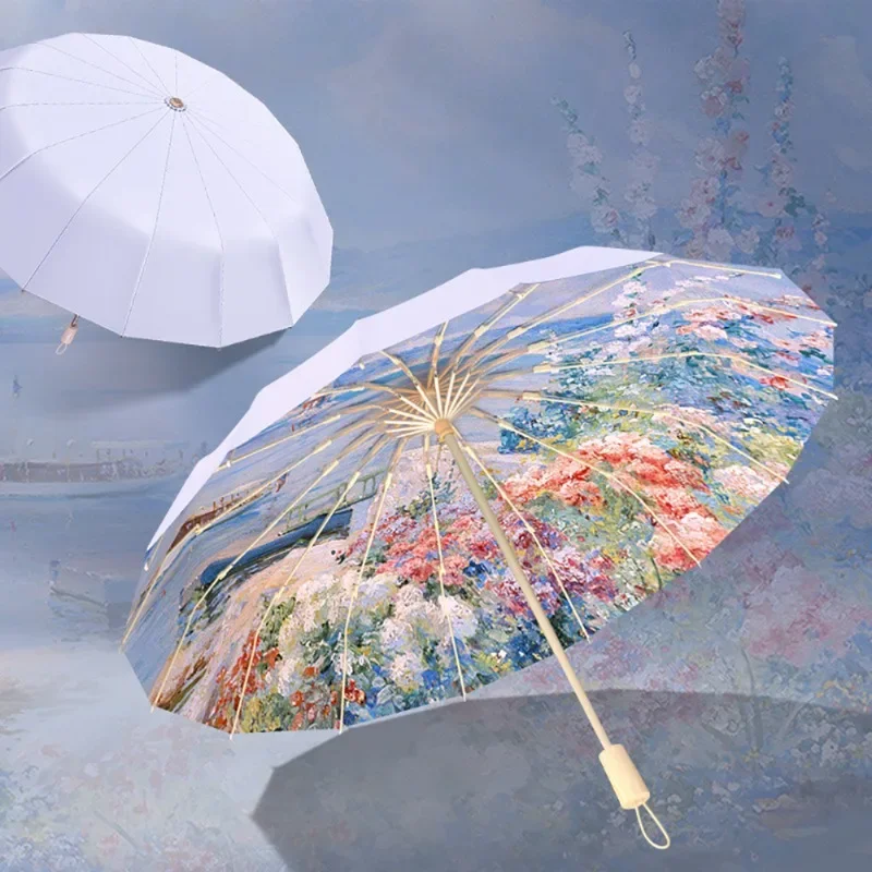 

16 Bone Oil Painting Sun Umbrella New Chinese Style Three Fold Umbrella Windroof Strong All Weather for Adult Double Sun Shade