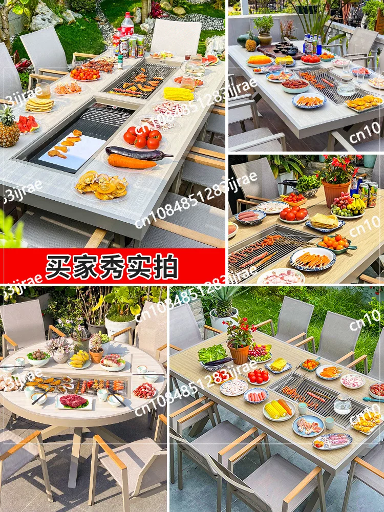 Electric Grill Household Hot Pot Nordic Courtyard Leisure Villa Courtyard, Outdoor Large Grill Outdoor Barbecue Table and Chair