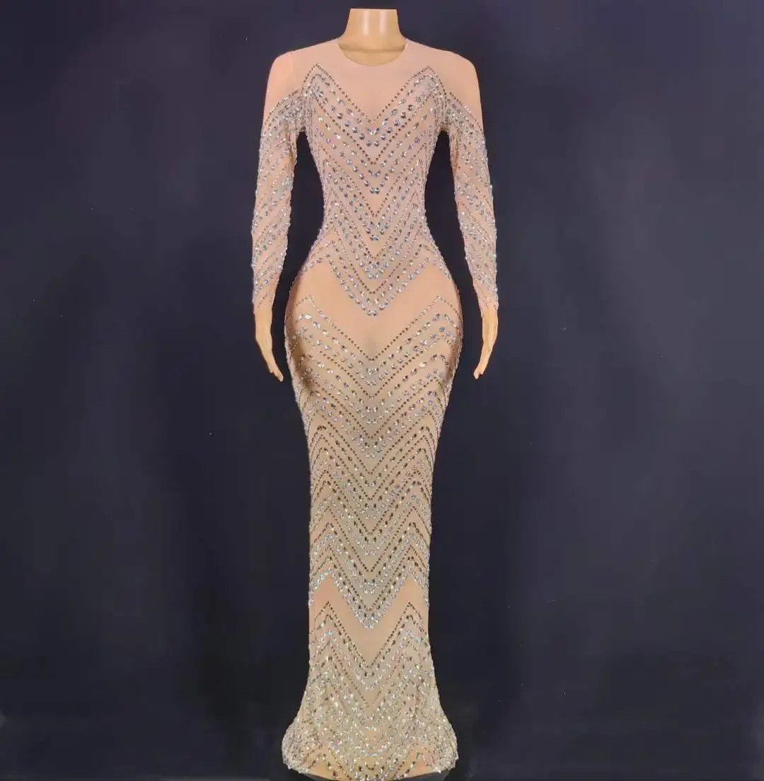 Sheer Mesh Sexy Birthday Queen Women Bling Long Dress Celebrate Charming Flash Stage Wedding Singer Drag Costumes